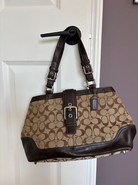 Coach Beige Signature Canvas Shoulder Bag with Dark Brown Leather Trim